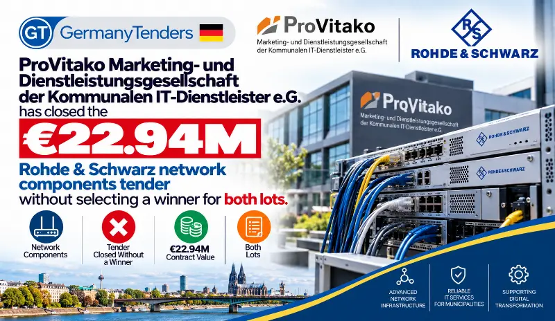 ProVitako Marketing- und Dienstleistungsgesellschaft der Kommunalen IT-Dienstleister e.G. has closed the €22.94M Rohde & Schwarz network components tender without selecting a winner for both lots.