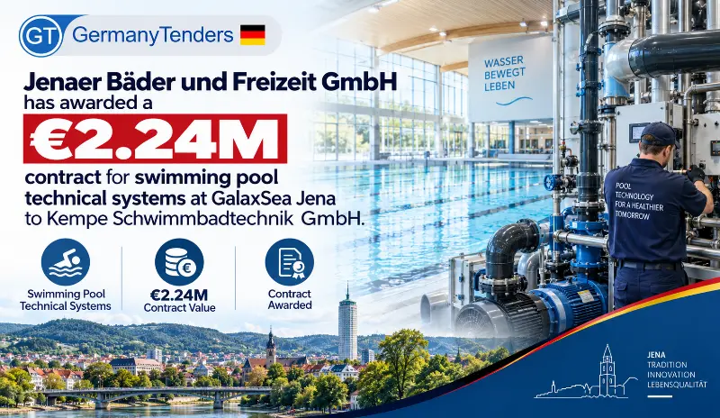 Jenaer Bäder und Freizeit GmbH has awarded a €2.24M contract for swimming pool technical systems at GalaxSea Jena to Kempe Schwimmbadtechnik GmbH.