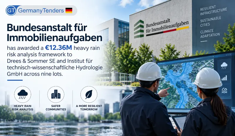 Bundesanstalt für Immobilienaufgaben has awarded a €12.36M heavy rain risk analysis framework to Drees & Sommer SE and Institut für technisch-wissenschaftliche Hydrologie GmbH across nine lots.